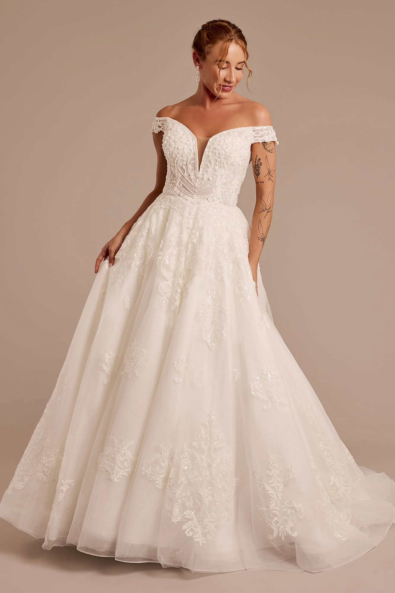 Off-the-Shoulder Plunge Ball Gown Wedding Dress - Image 3