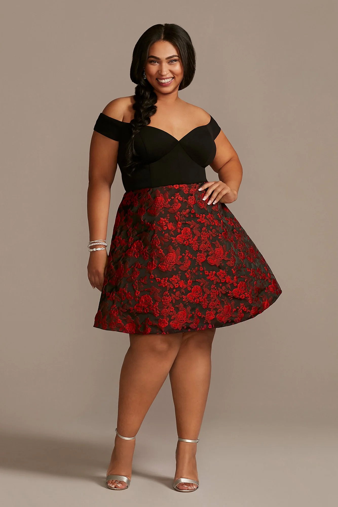 Off-the-Shoulder Plus Dress with Floral Skirt - Image 2