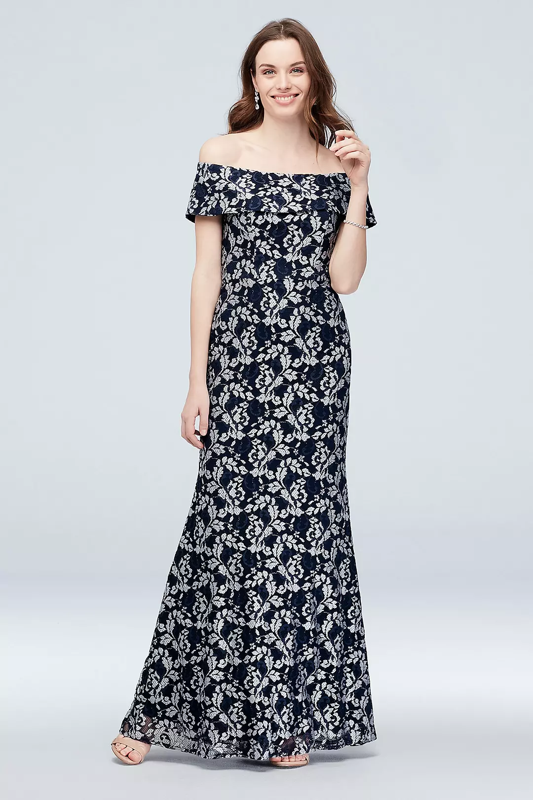 Off the Shoulder Popover Metallic Lace Gown - Image 16