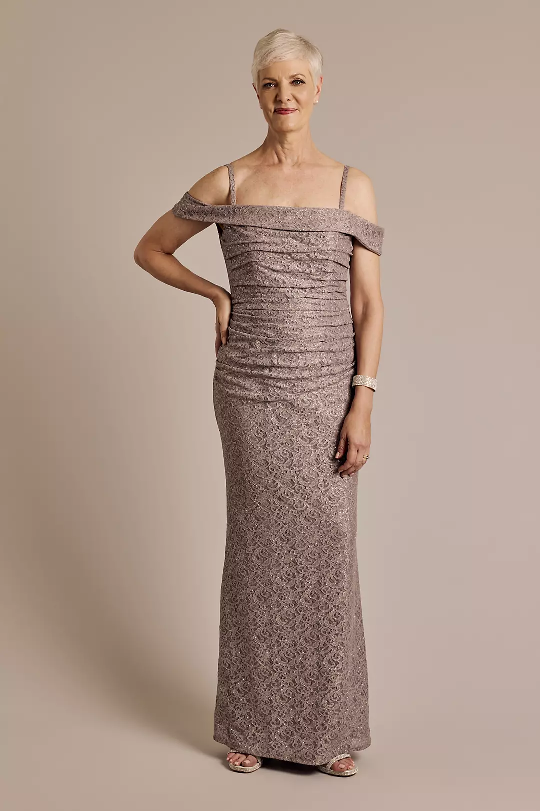 Off-the-Shoulder Ruched Lace Sheath Dress - Image 5
