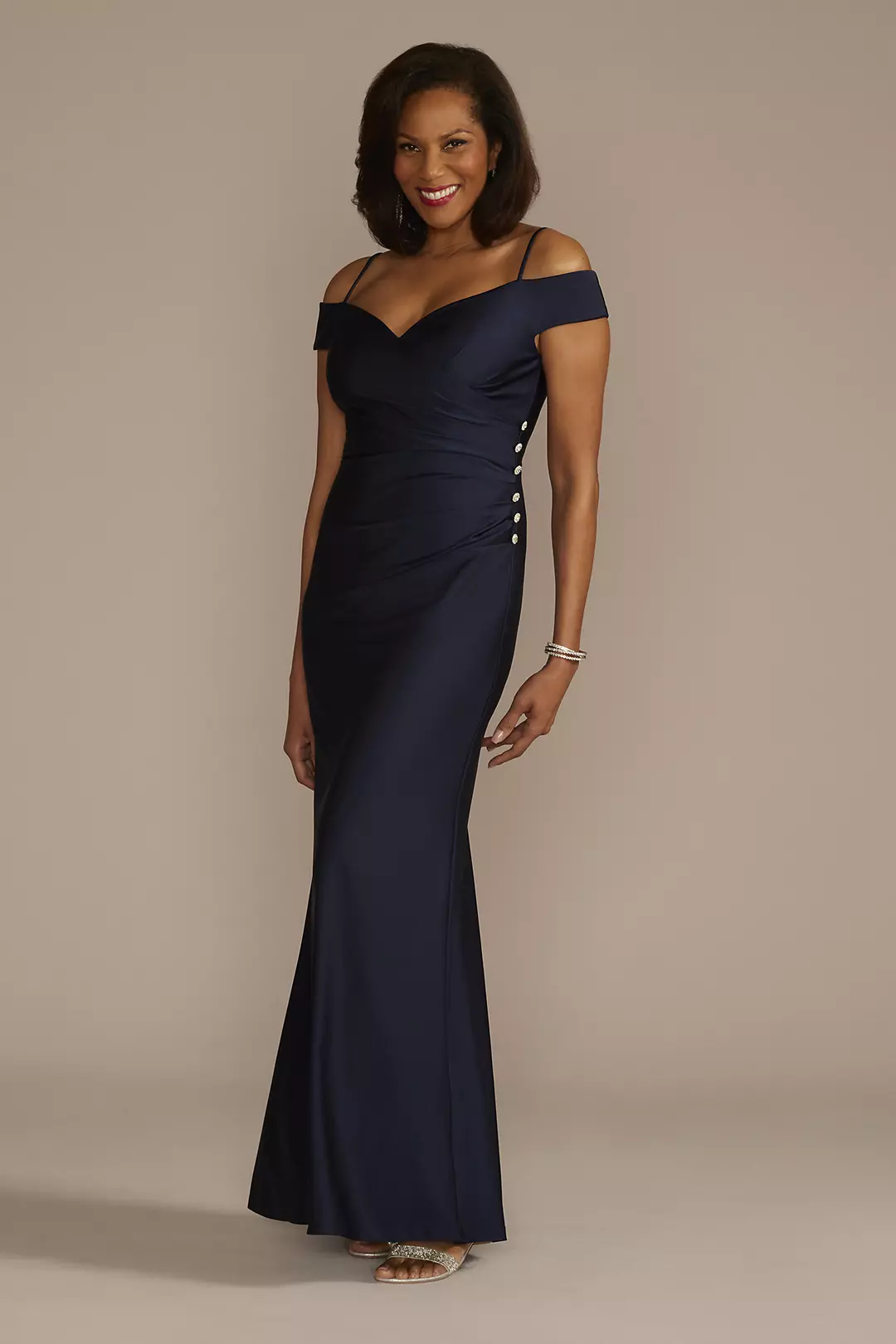 Off-the-Shoulder Ruched Sheath with Buttons - Image 5