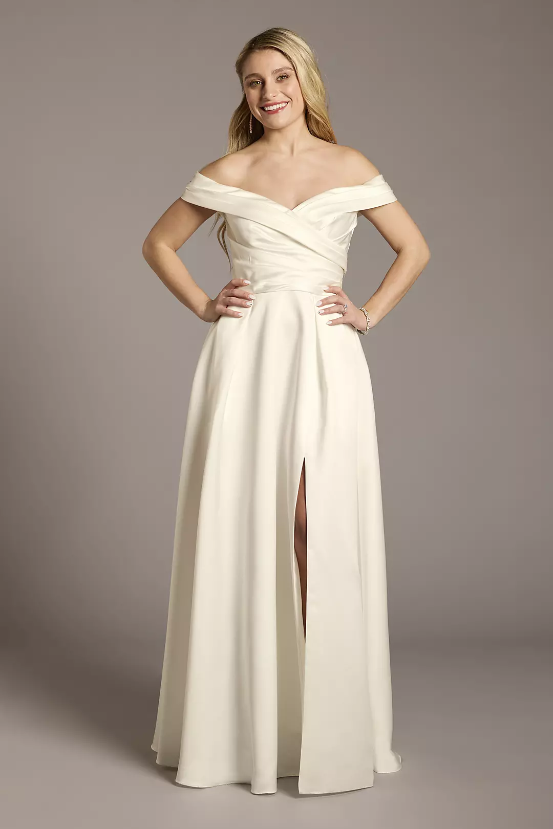 Off-the-Shoulder Satin Ball Gown Wedding Dress - Image 3