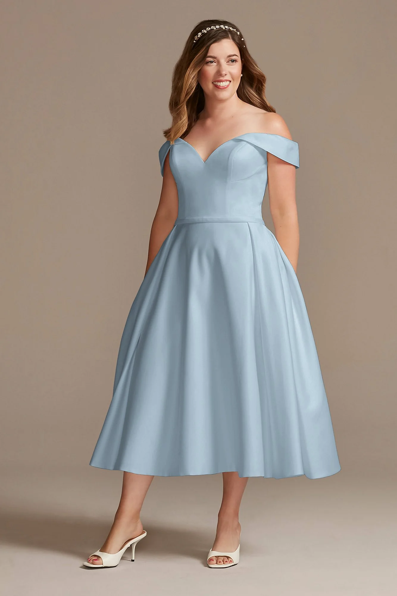 Off the Shoulder Satin Tea-Length Wedding Dress