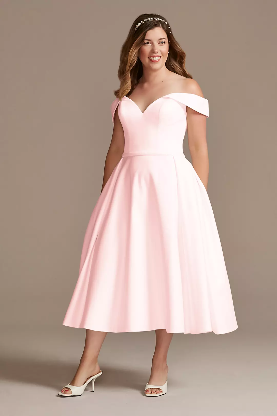 Off the Shoulder Satin Tea-Length Wedding Dress - Image 15