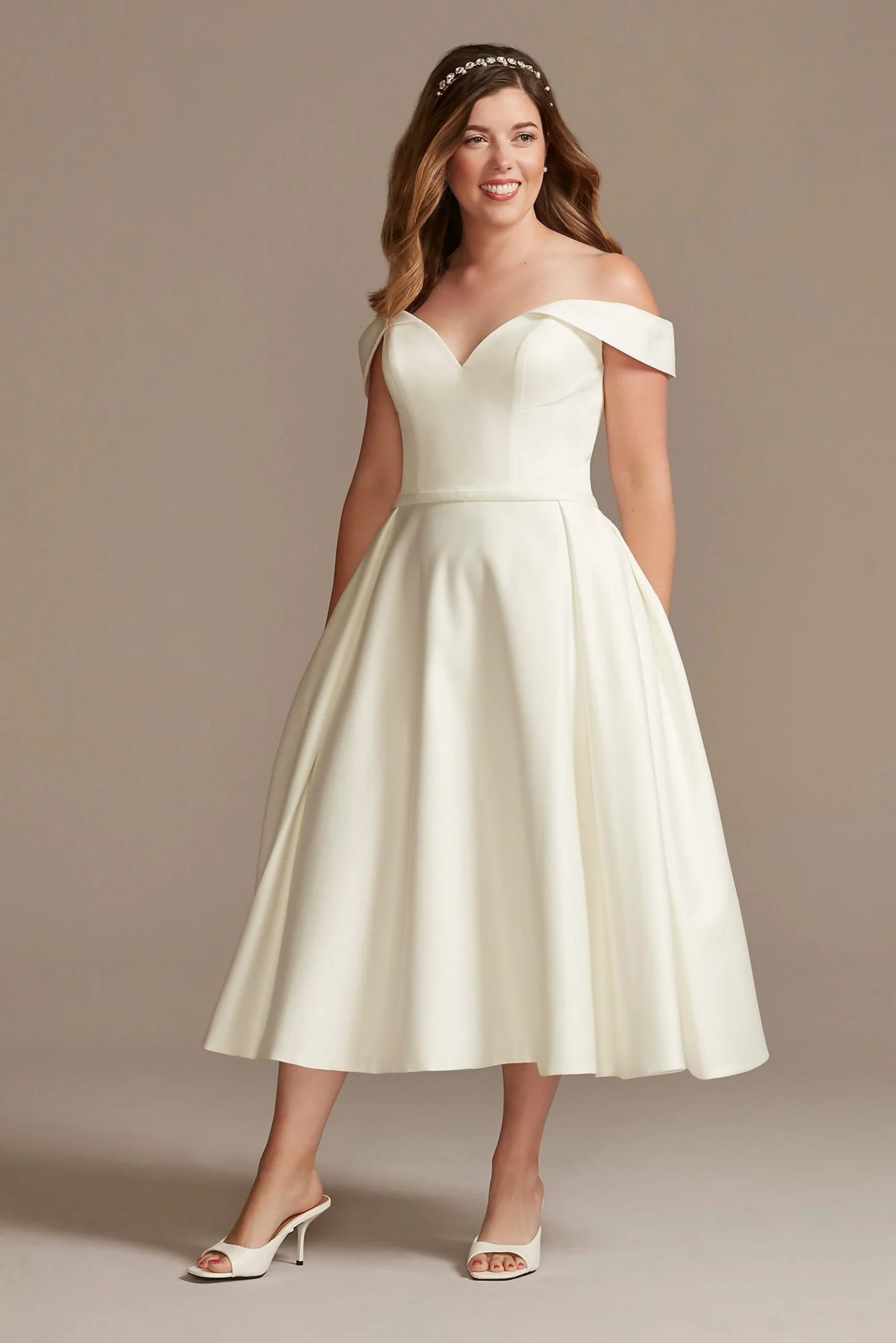 Off the Shoulder Satin Tea-Length Wedding Dress - Image 3