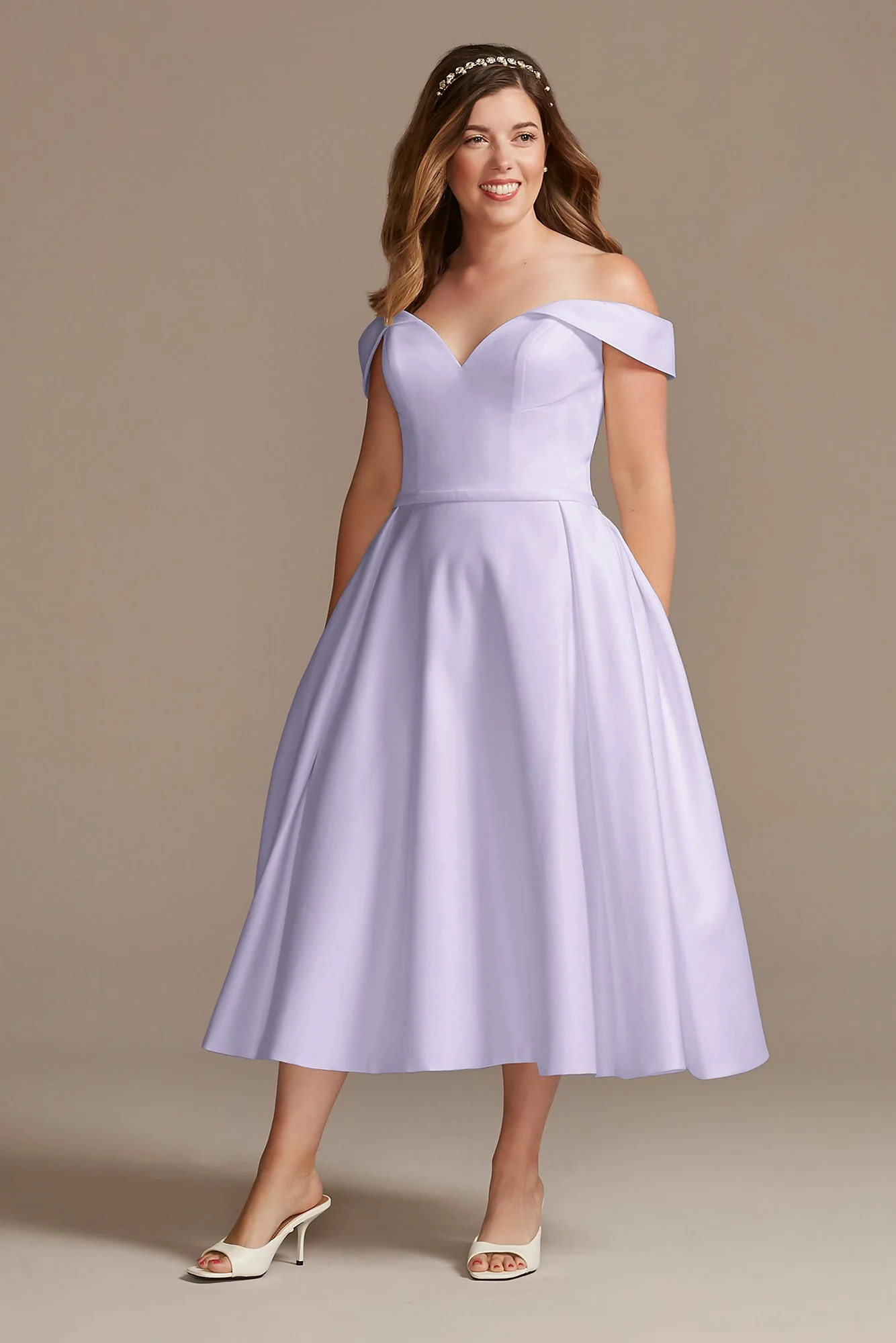 Off the Shoulder Satin Tea-Length Wedding Dress - Image 6