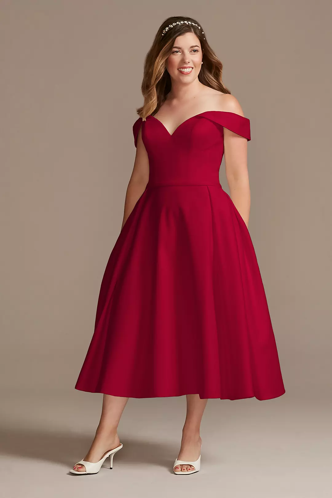 Off the Shoulder Satin Tea-Length Wedding Dress - Image 8