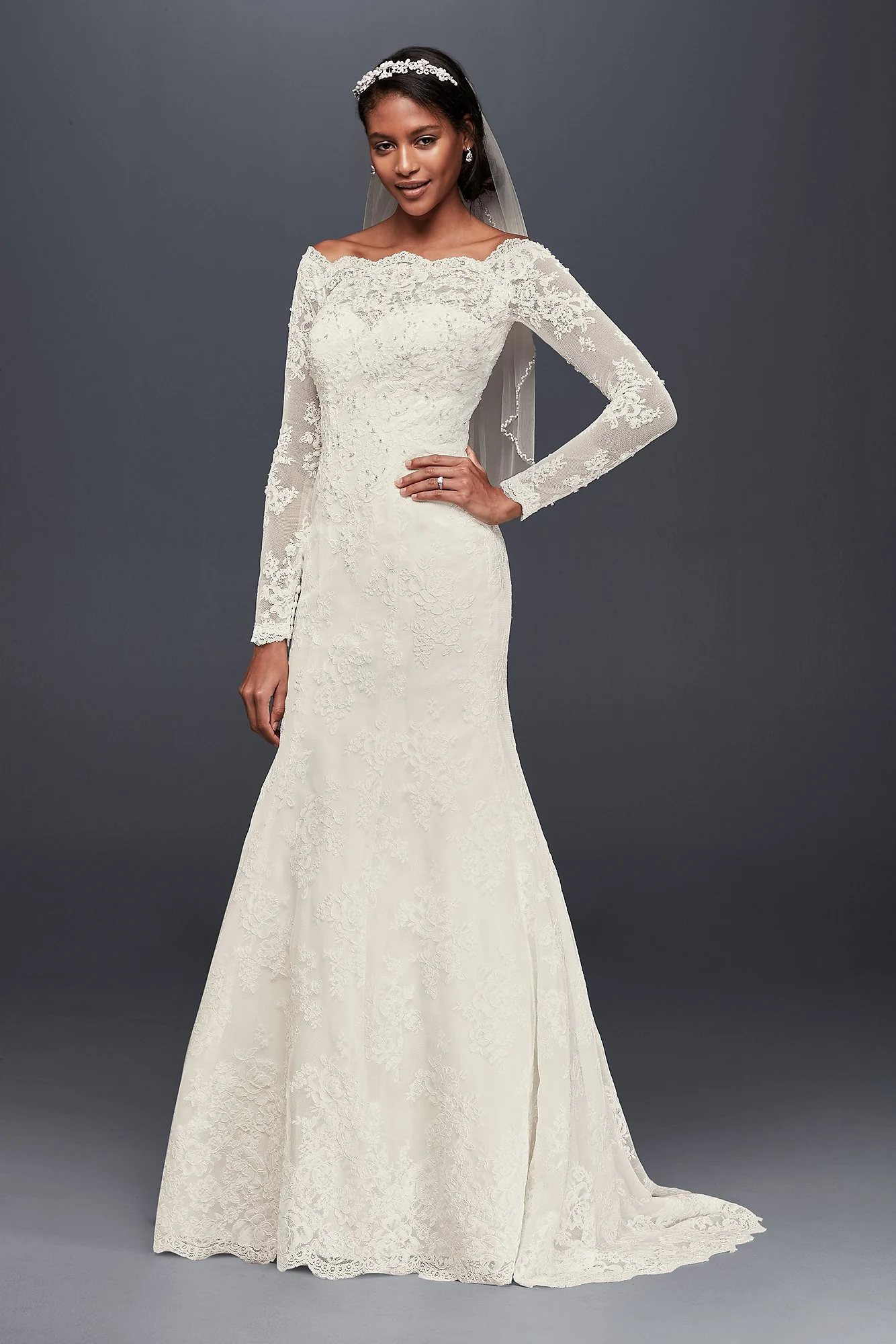 Off-The-Shoulder Scalloped Lace Mermaid Dress - Image 3