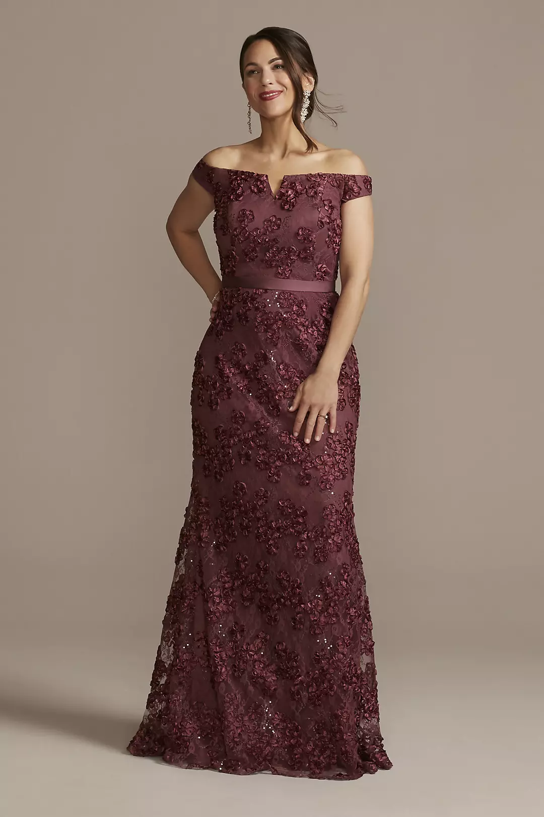 Off-the-Shoulder Sparkle Applique Sheath Gown - Image 10