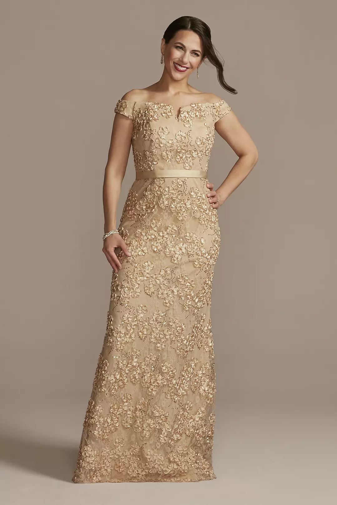 Off-the-Shoulder Sparkle Applique Sheath Gown - Image 11