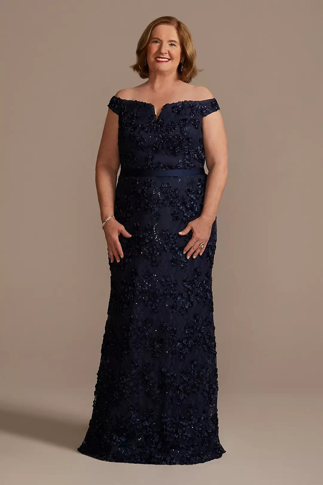 Off-the-Shoulder Sparkle Applique Sheath Gown - Image 2