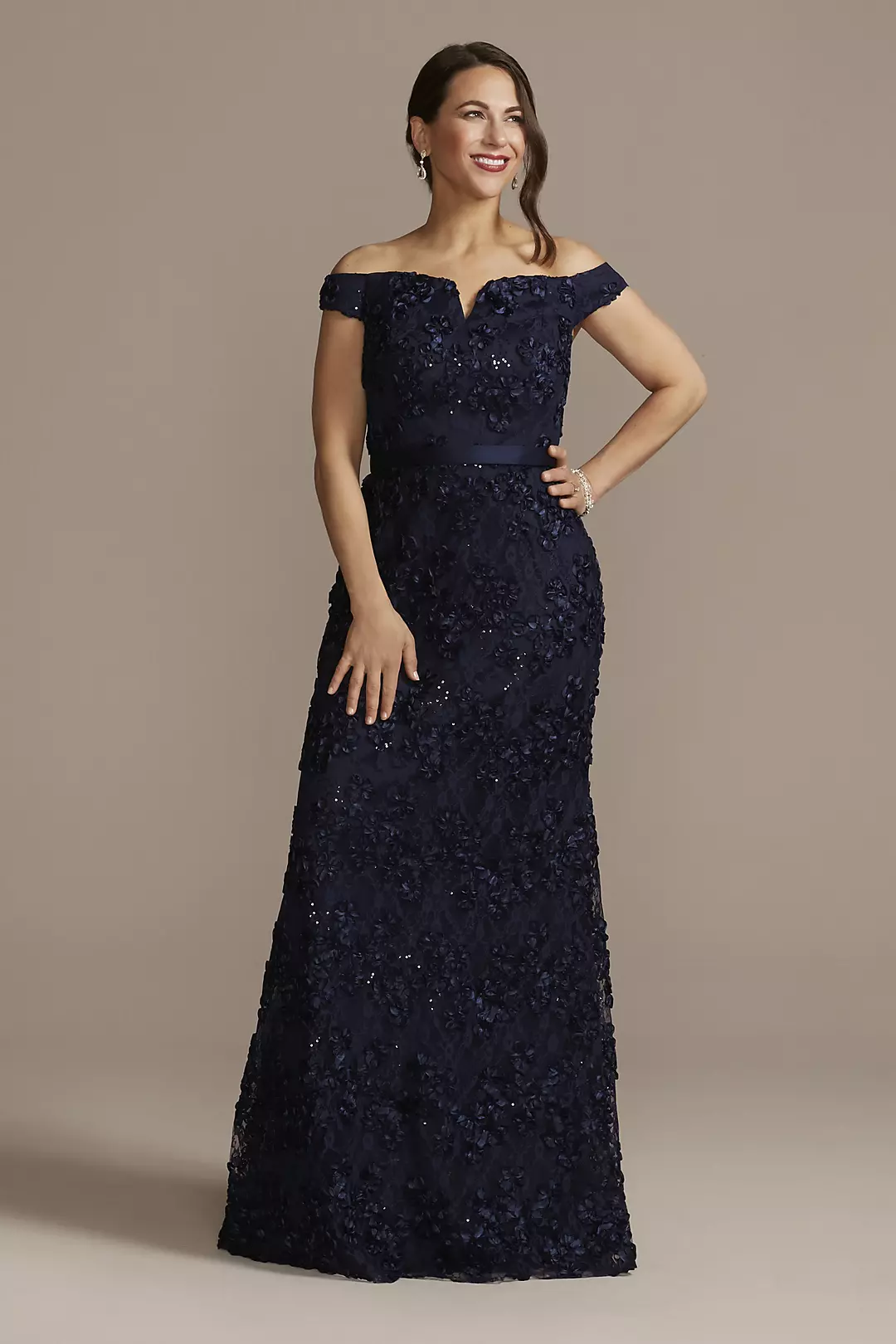 Off-the-Shoulder Sparkle Applique Sheath Gown - Image 3