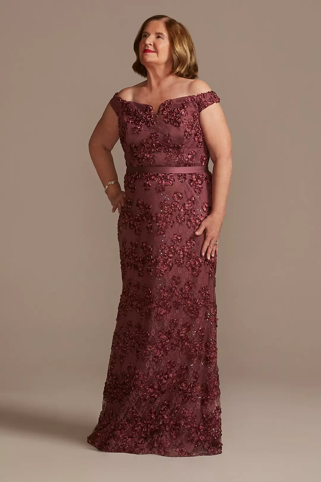 Off-the-Shoulder Sparkle Applique Sheath Gown - Image 4
