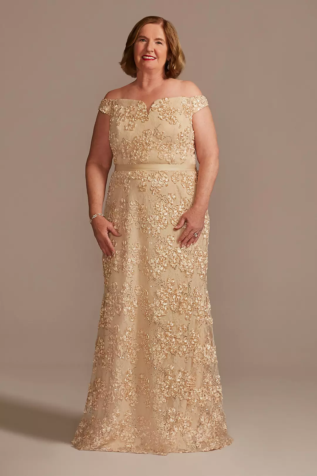 Off-the-Shoulder Sparkle Applique Sheath Gown - Image 5