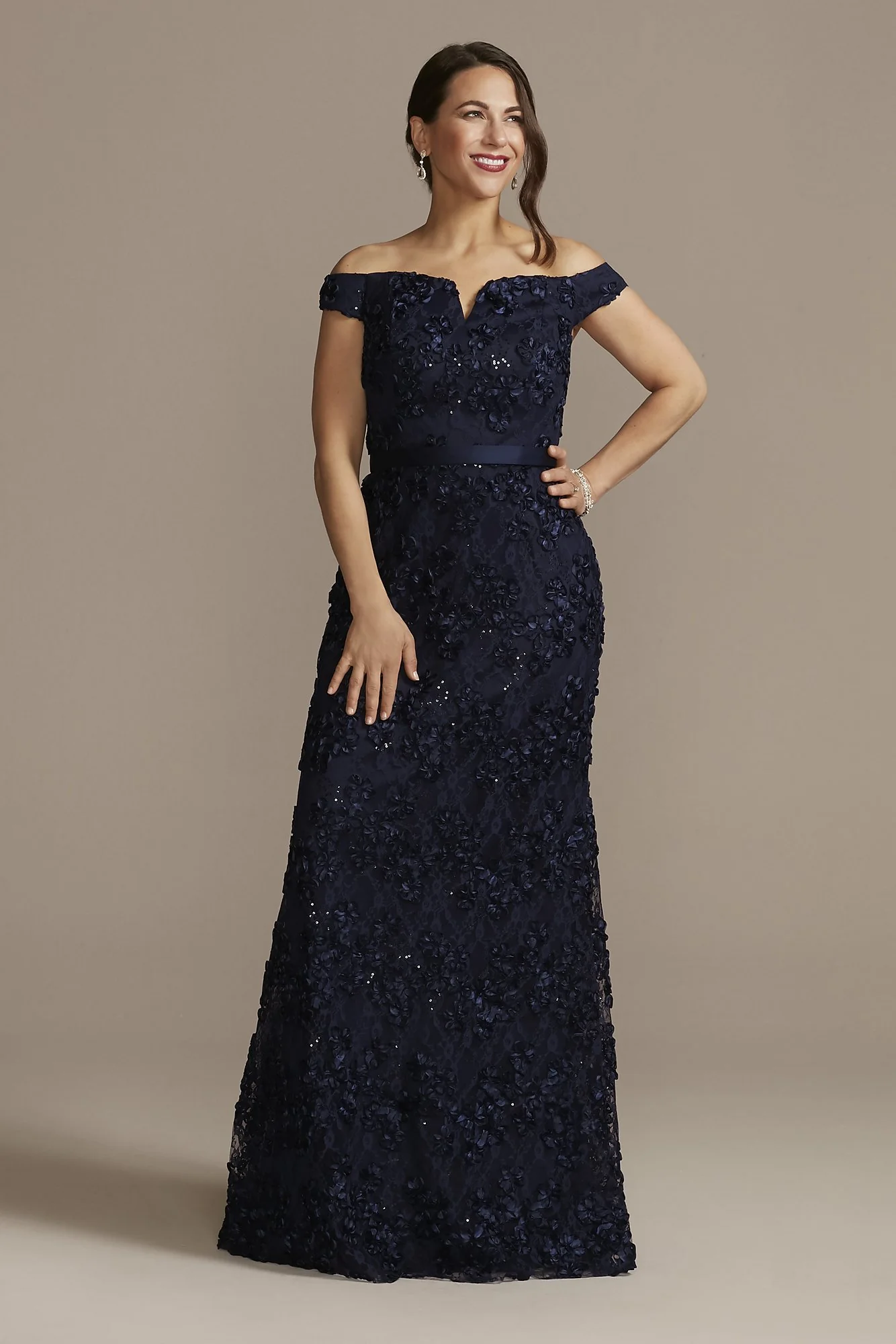 Off-the-Shoulder Sparkle Applique Sheath Gown - Image 7