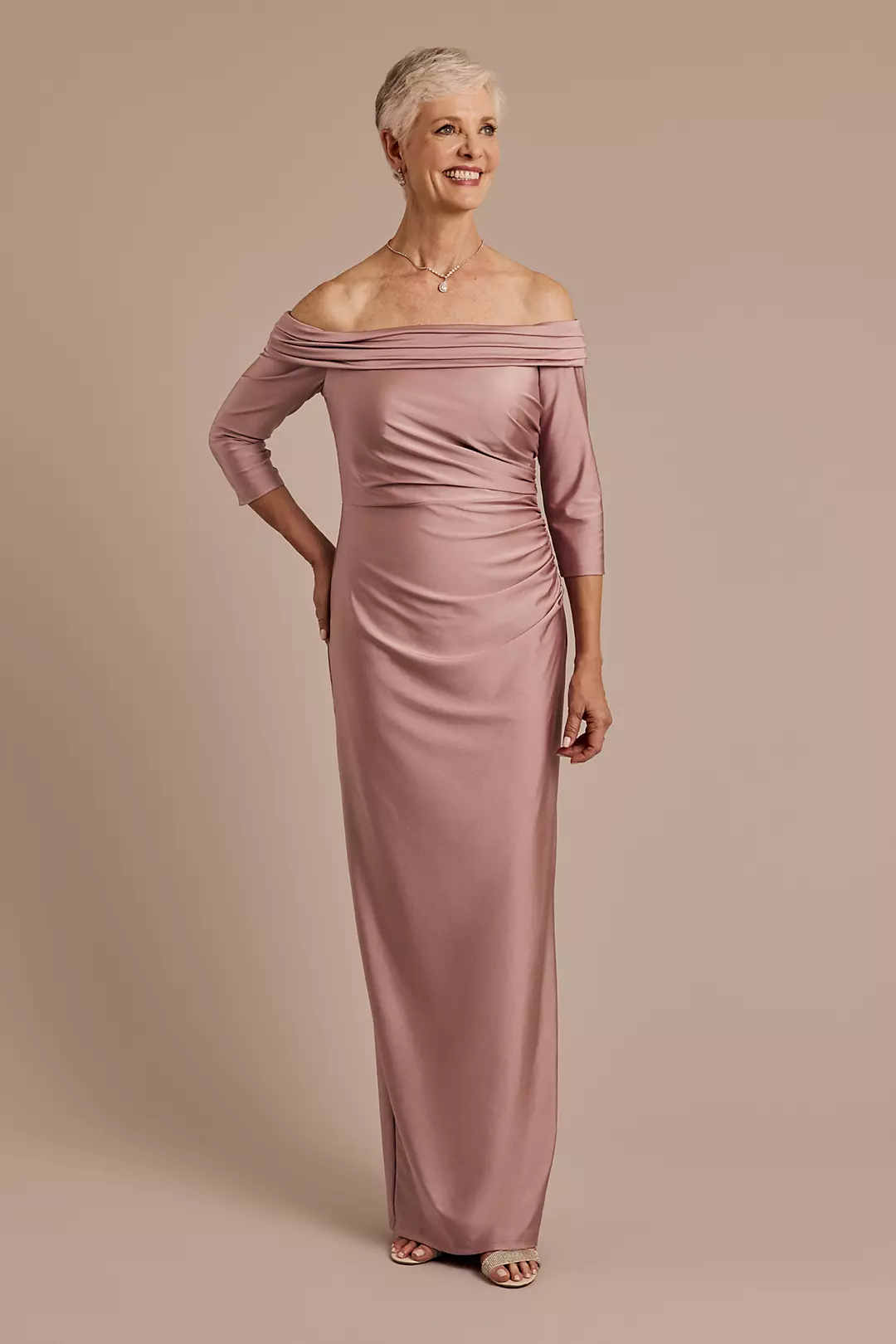 Off-the-Shoulder Stretch Satin Sheath - Image 2