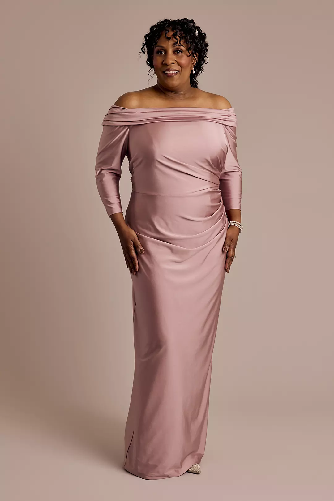 Off-the-Shoulder Stretch Satin Sheath - Image 3