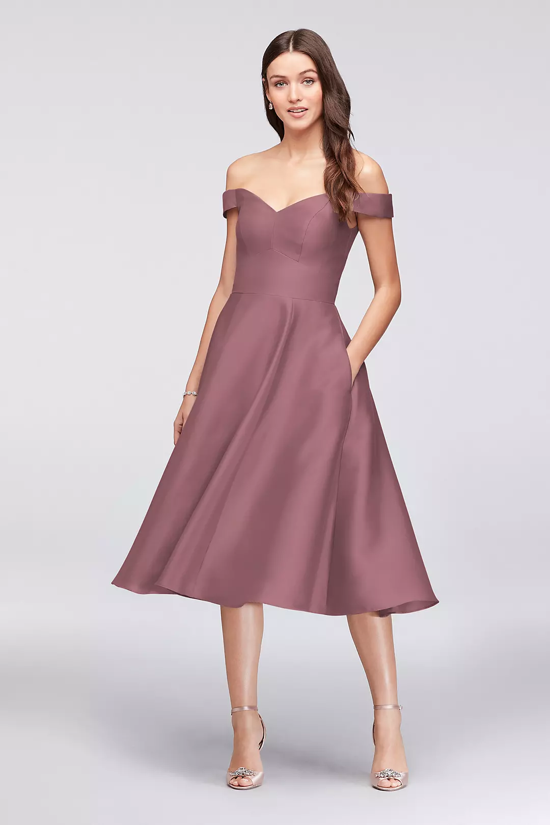Off-the-Shoulder Tea-Length Bridesmaid Dress - Image 19