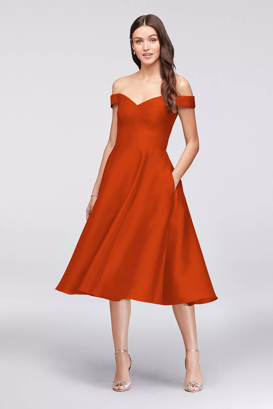Off-the-Shoulder Tea-Length Bridesmaid Dress - Image 21