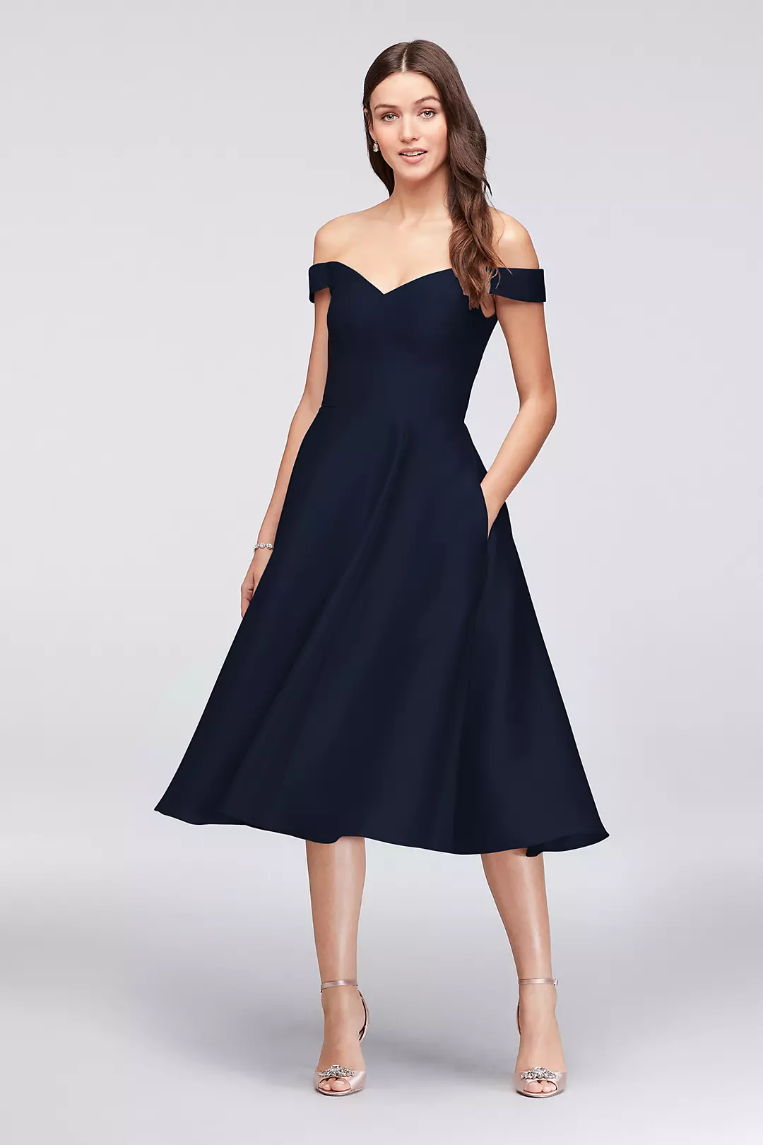 Off-the-Shoulder Tea-Length Bridesmaid Dress - Image 24