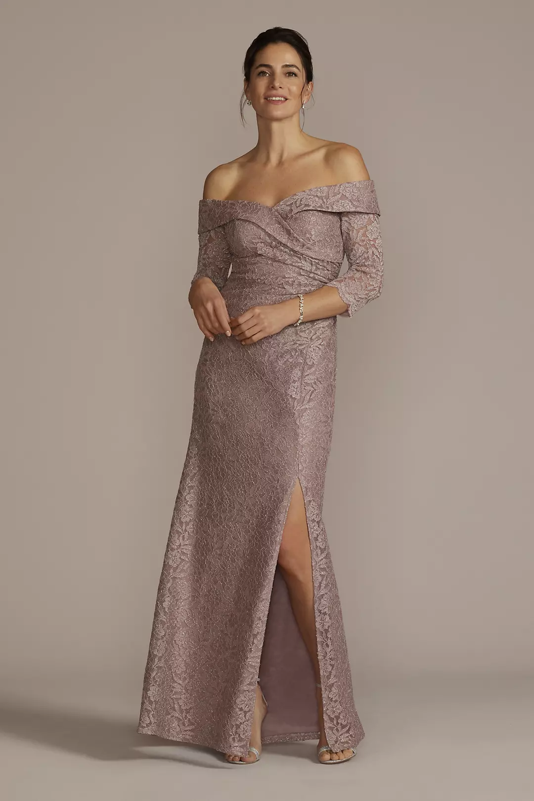 Off-the-Shoulder V-Neck Ruched Lace Gown - Image 2