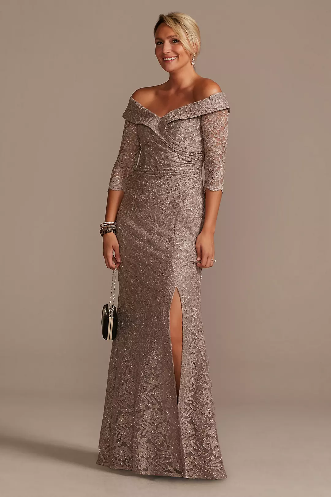 Off-the-Shoulder V-Neck Ruched Lace Gown - Image 3
