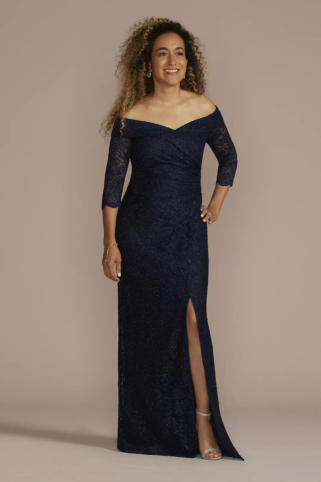 Off-the-Shoulder V-Neck Ruched Lace Gown - Image 4