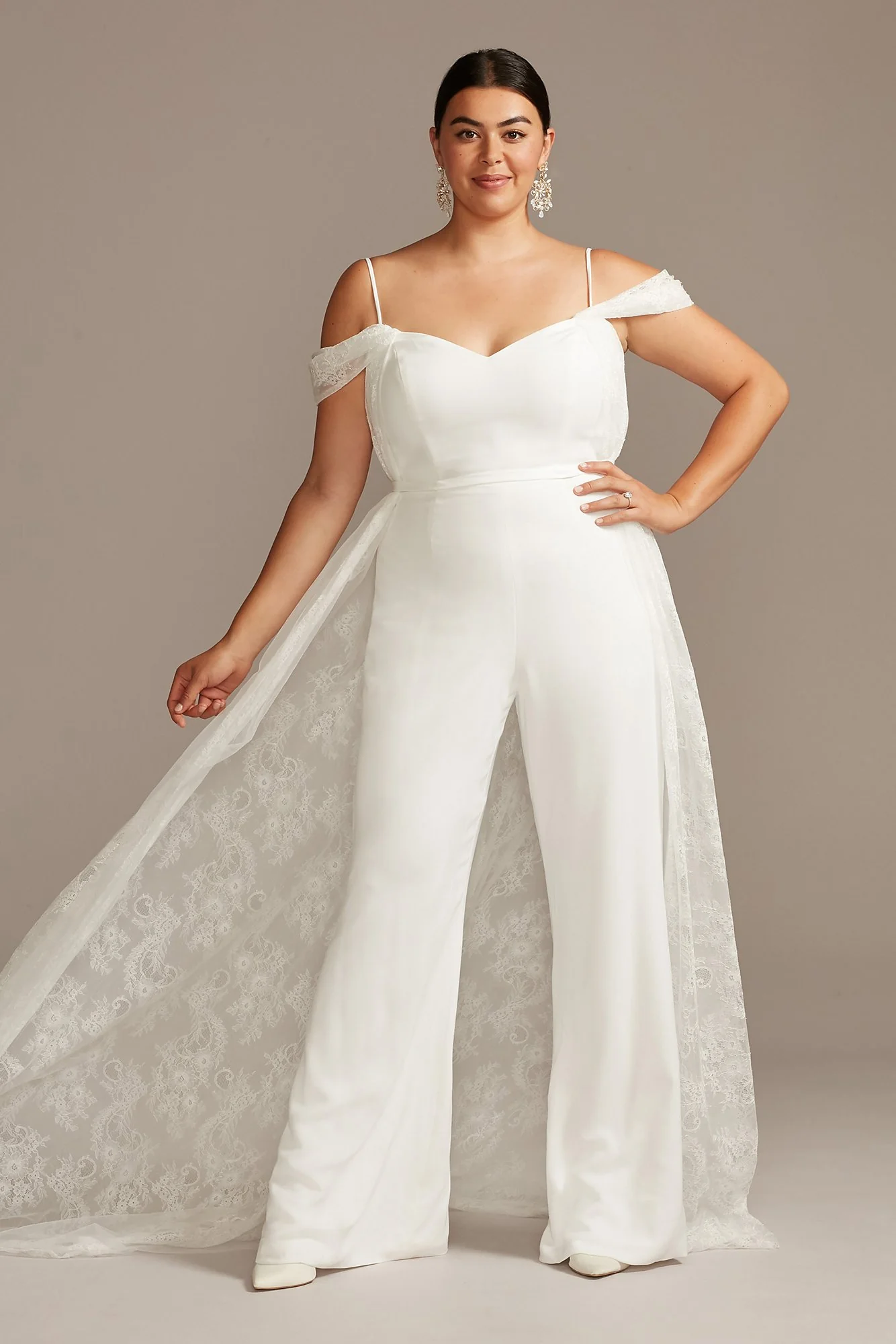 Off-the-Shoulder Wedding Jumpsuit with Lace Train - Image 3