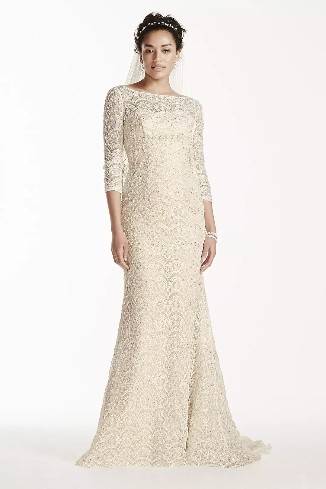 Oleg Cassini Beaded Lace 3/4 Sleeved Wedding Dress - Image 13
