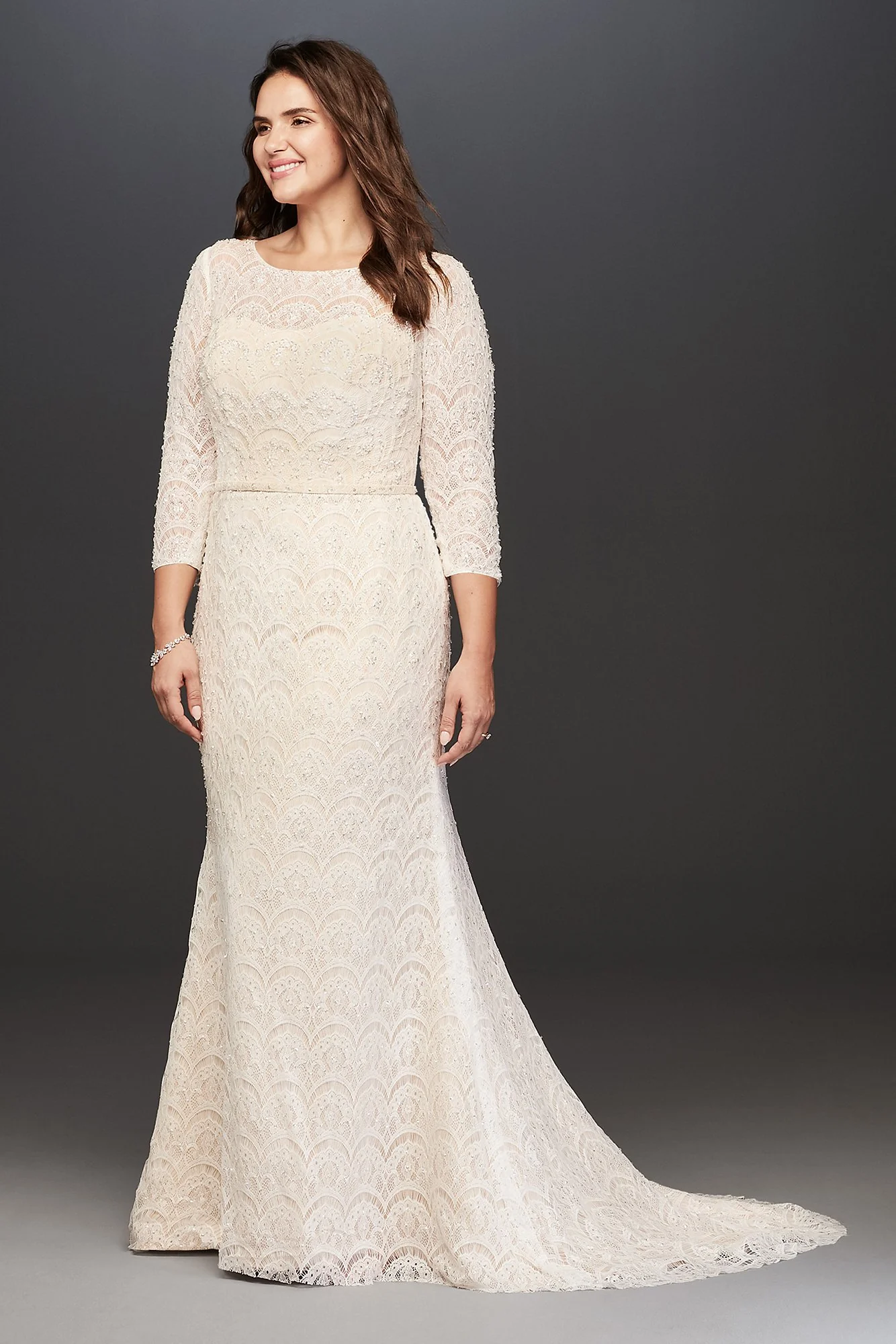 Oleg Cassini Beaded Lace 3/4 Sleeved Wedding Dress - Image 8