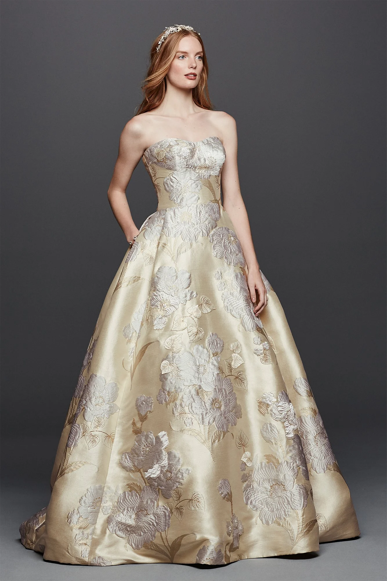 Oleg Cassini Brocade Wedding Dress with Pockets - Image 2