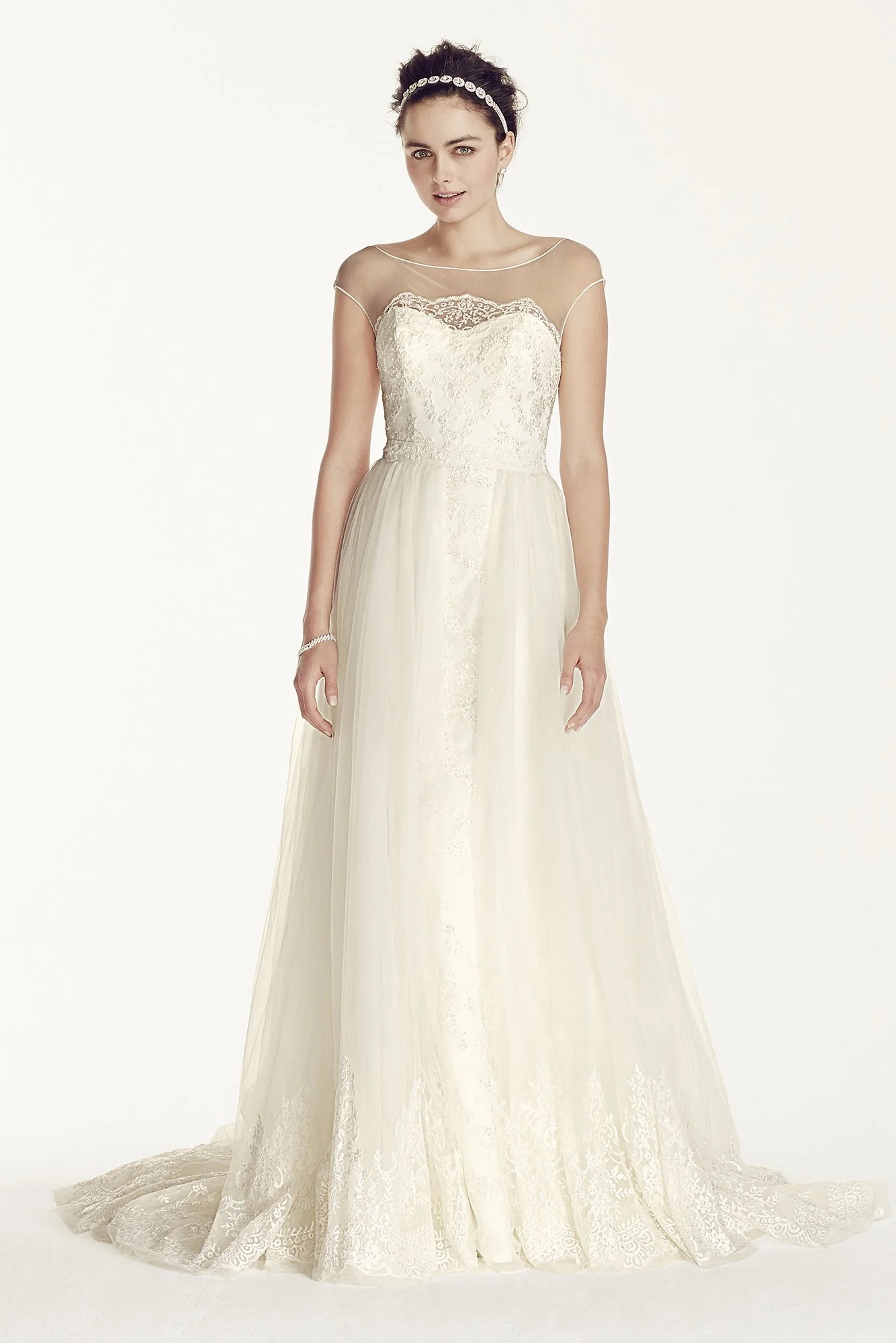 Oleg Cassini Cap Sleeve Tulle A-line Wedding Dress