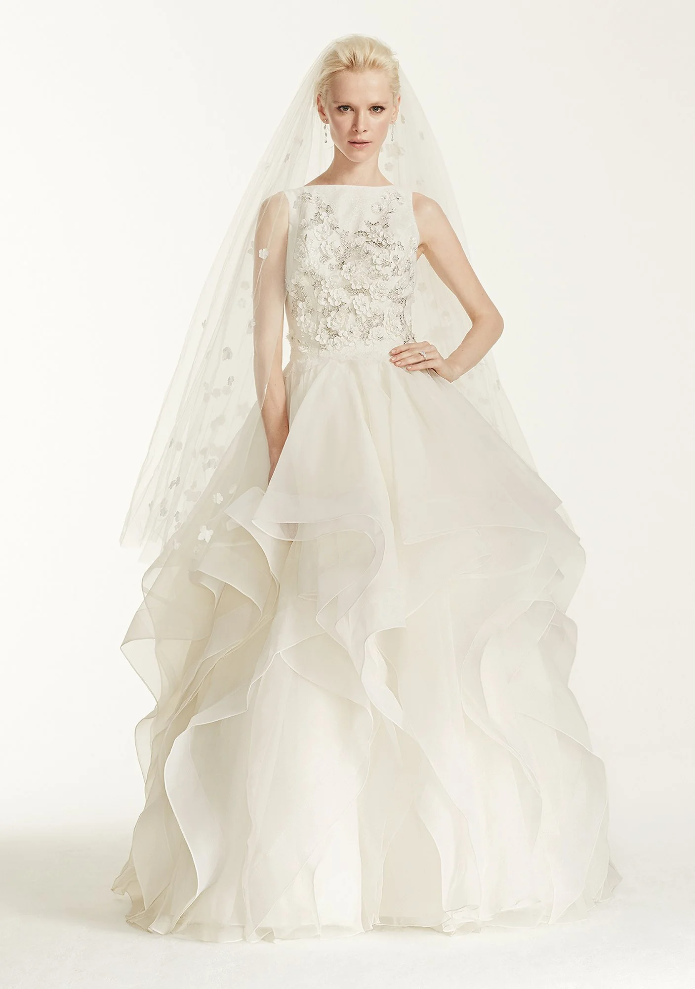 Oleg Cassini High Neck 3D Floral Wedding Dress