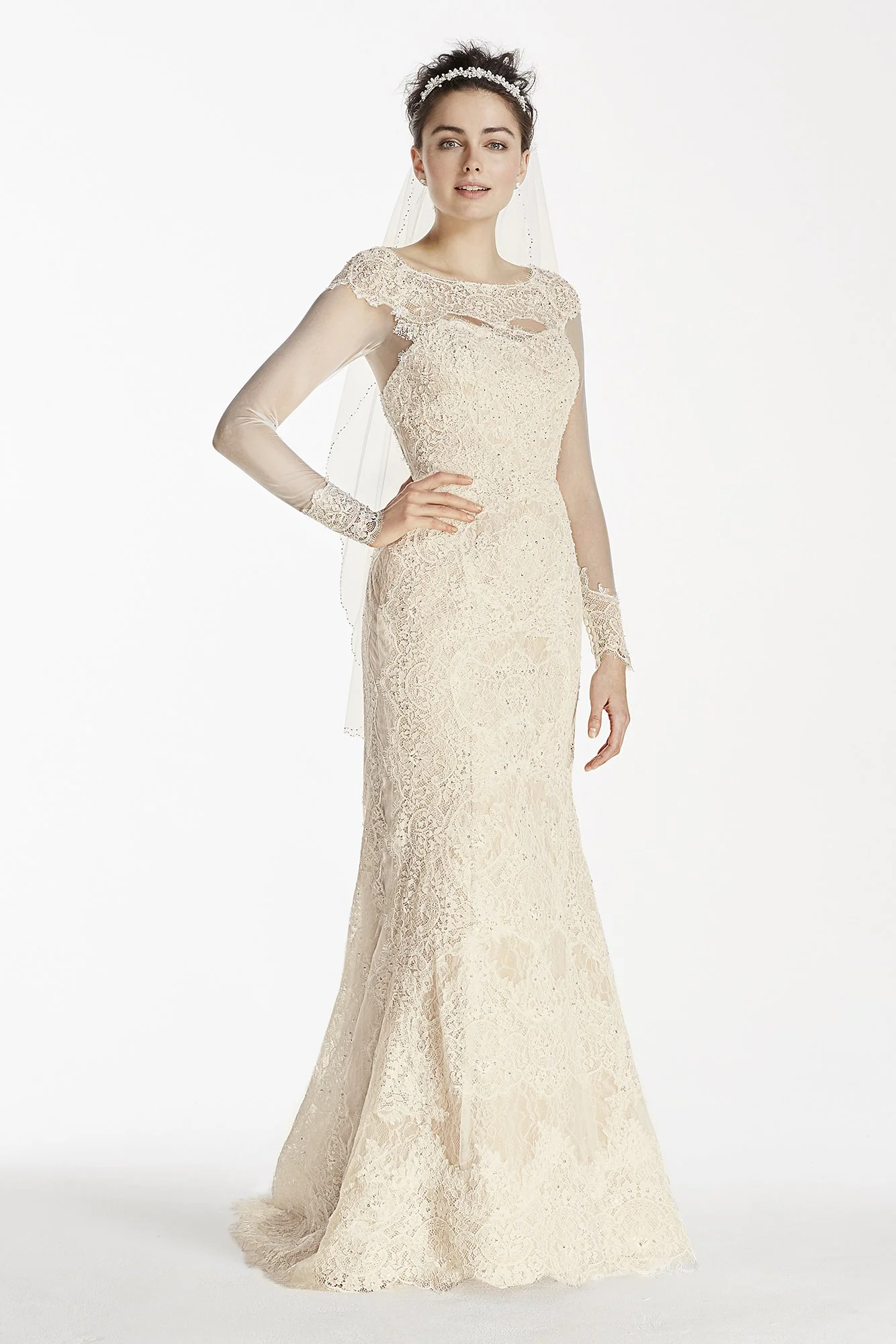 Oleg Cassini Illusion Long Sleeve Wedding Dress - Image 3