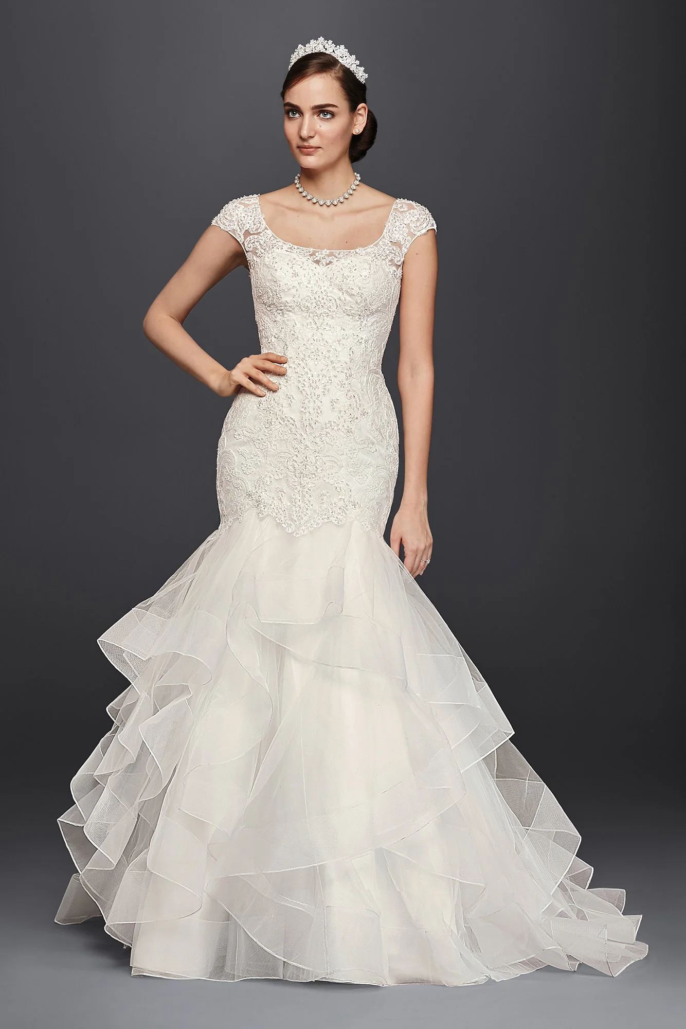 Oleg Cassini Lace Cap-Sleeve Trumpet Wedding Dress - Image 3
