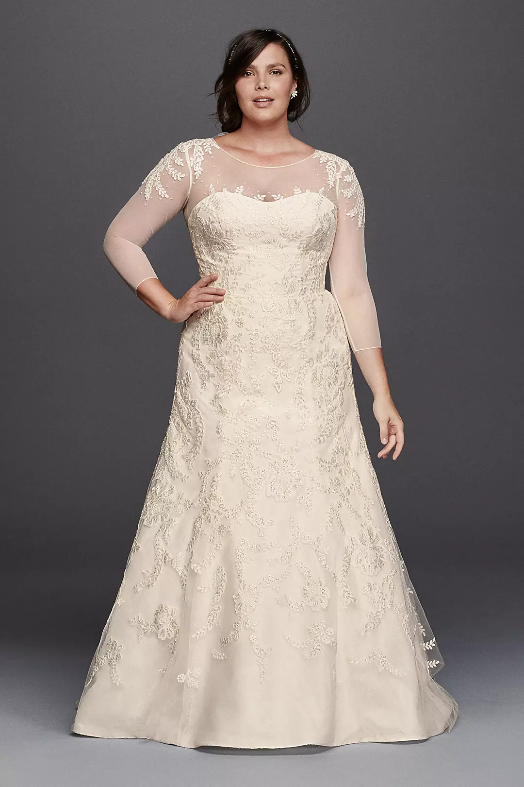Oleg Cassini Lace Wedding Dress with 3/4 Sleeves - Image 7