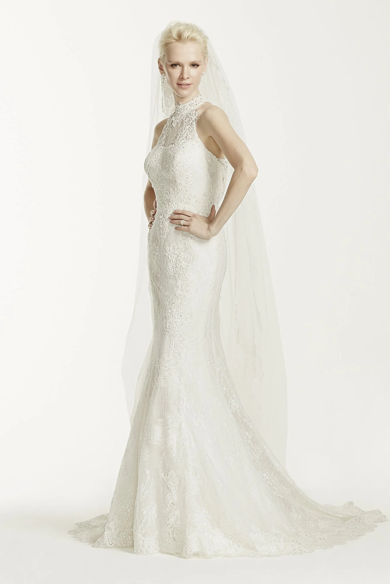 Oleg Cassini Lace Wedding Dress with High Neckline - Image 2
