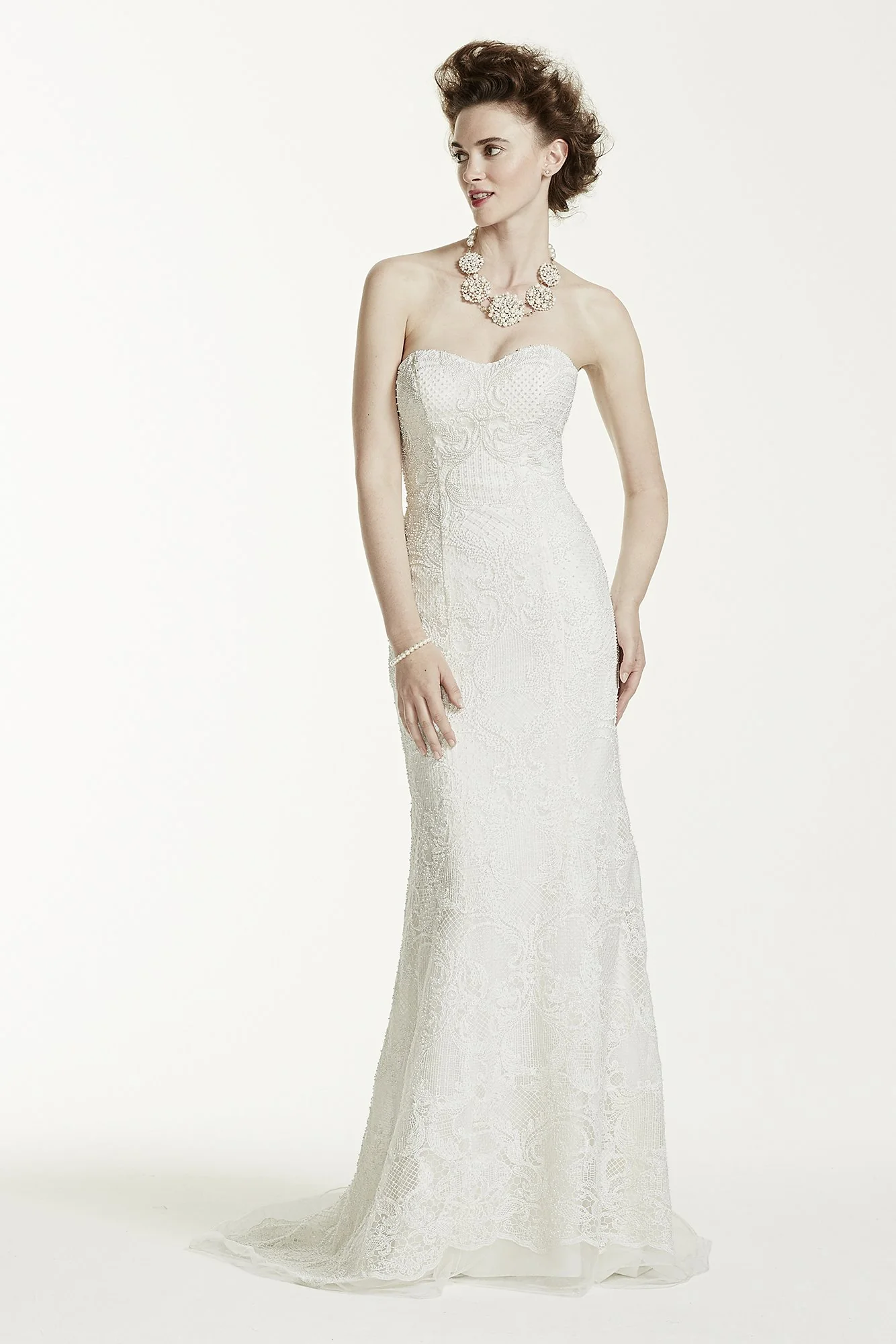 Oleg Cassini Lace Wedding Dress with Pearl Beads