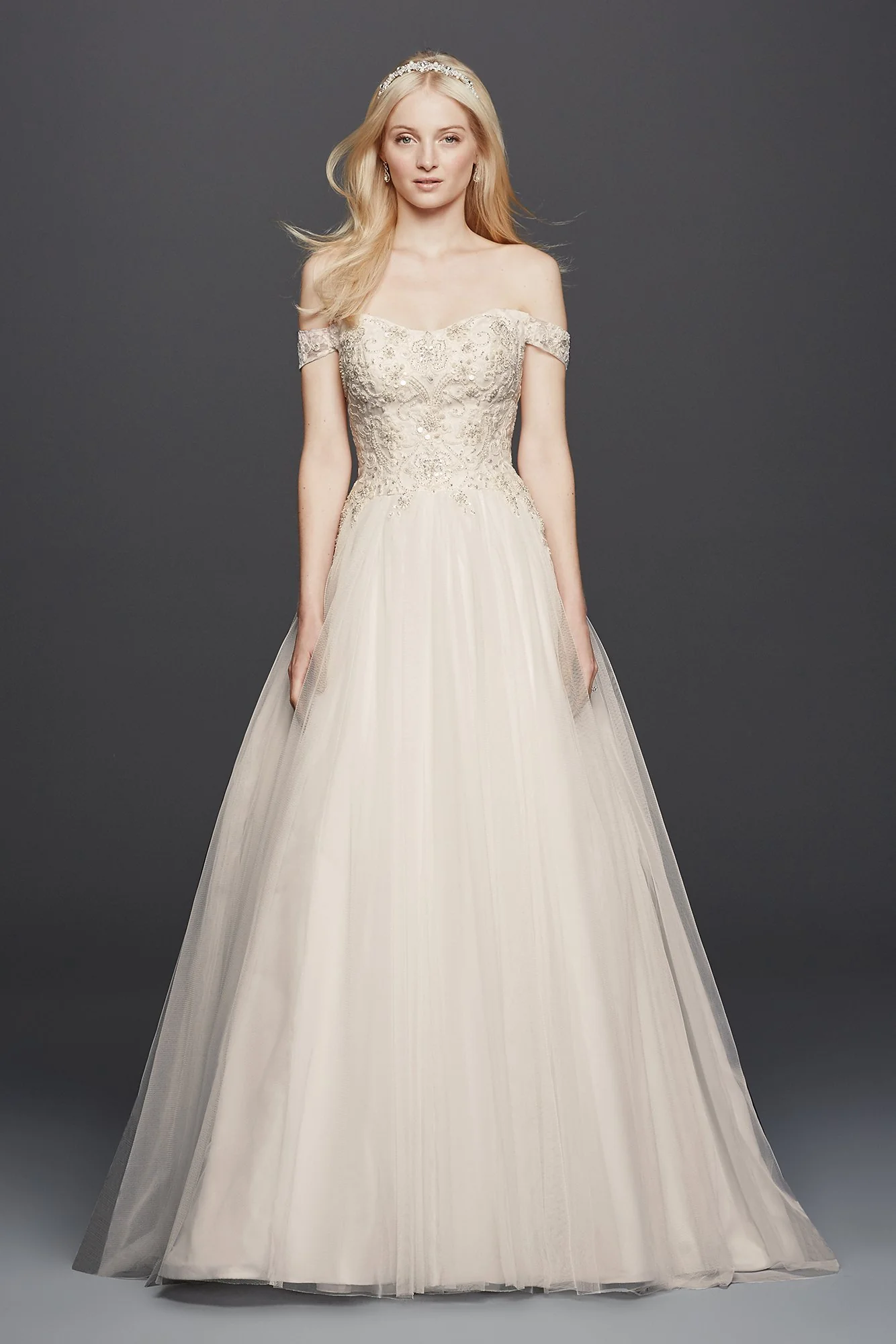 Oleg Cassini Off the Shoulder Tulle Wedding Dress - Image 4