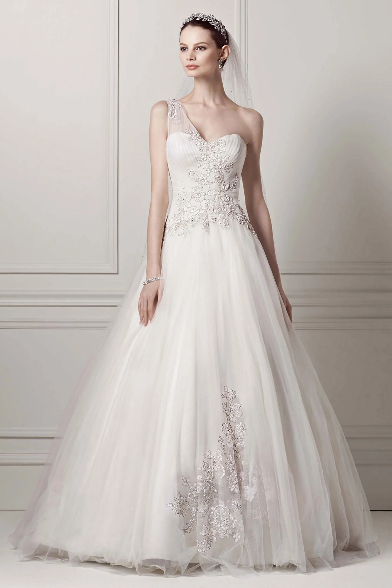 Oleg Cassini One Shoulder Tulle Wedding Dress