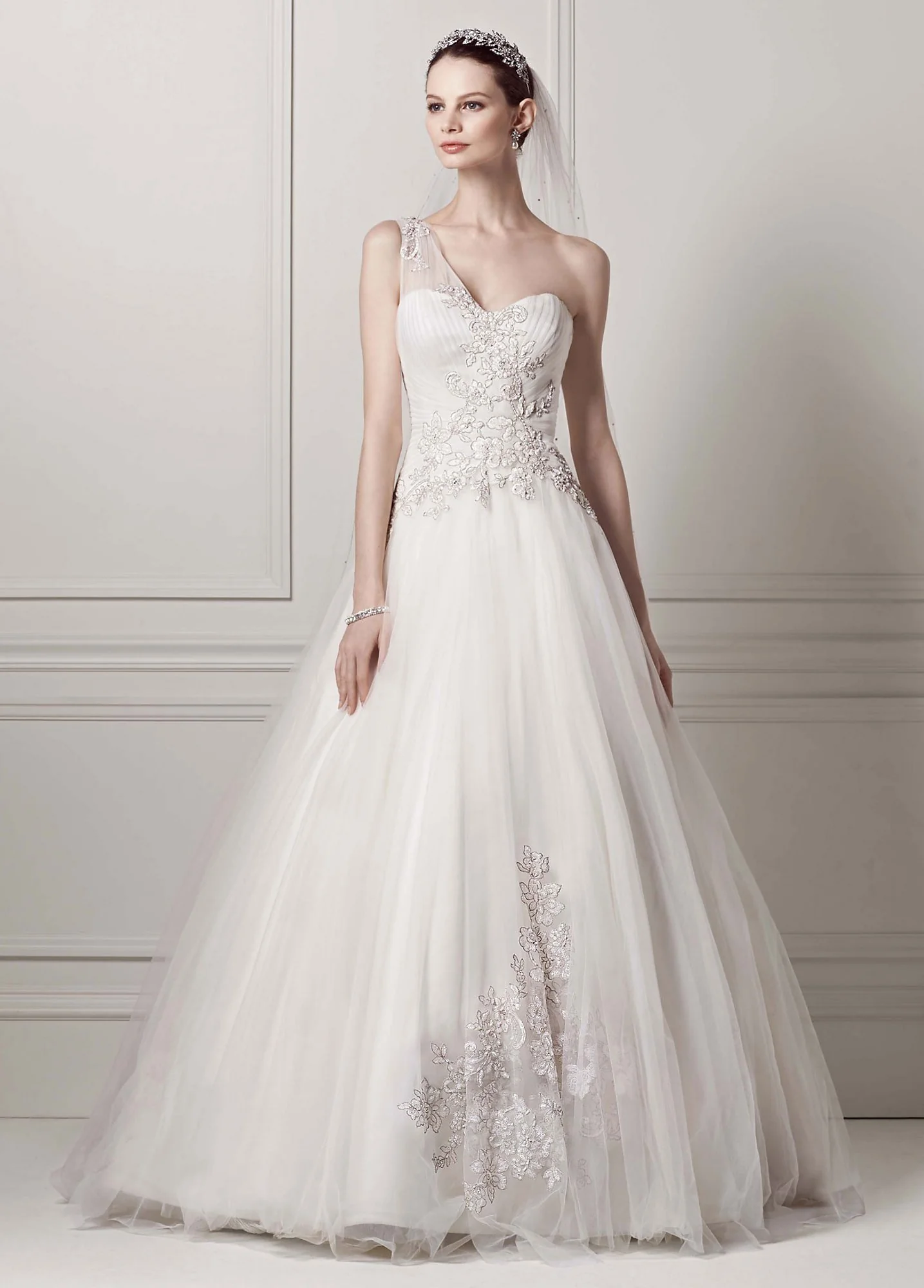 Oleg Cassini One Shoulder Tulle Wedding Dress - Image 9