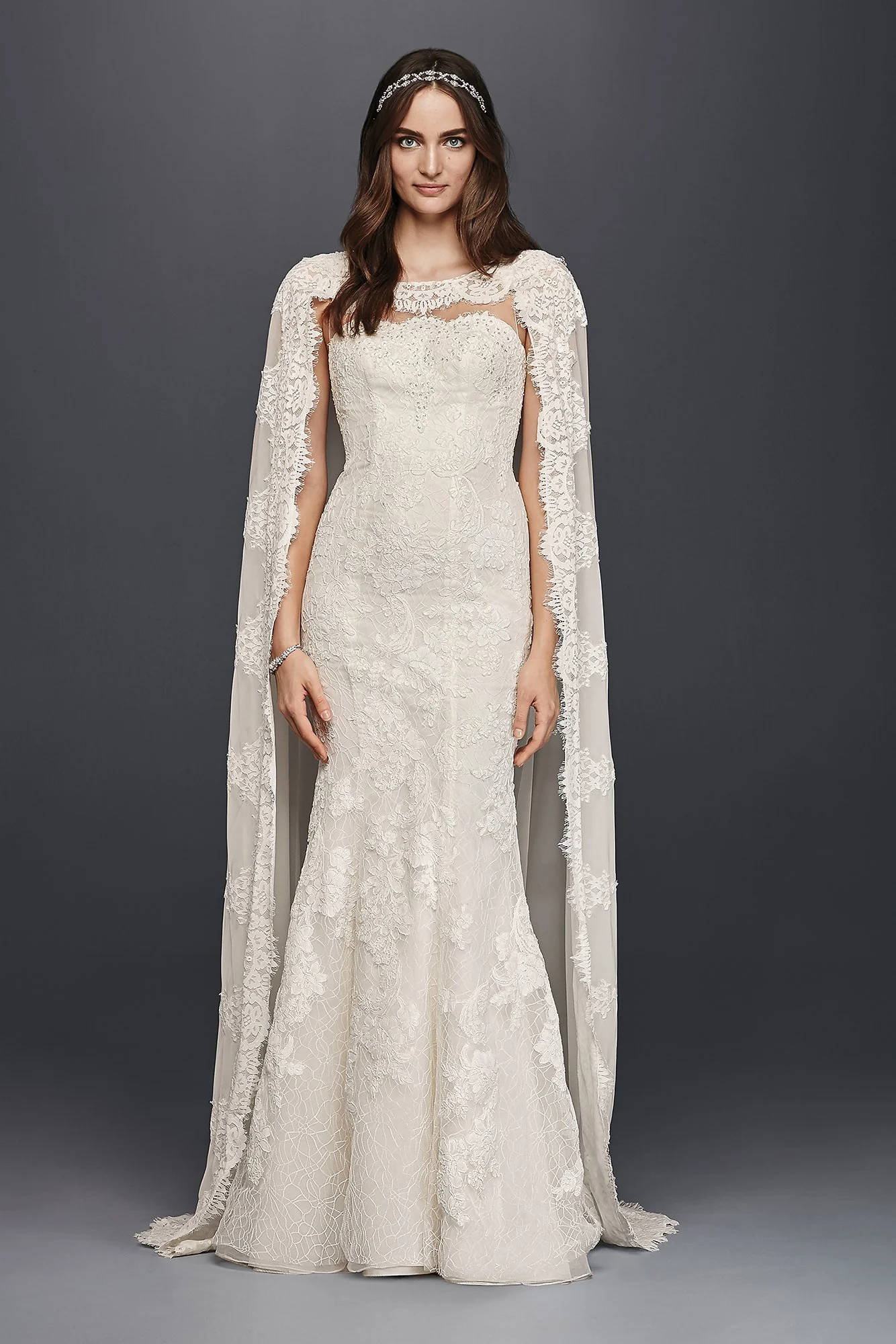 Oleg Cassini Scalloped Chiffon Cape Wedding Dress
