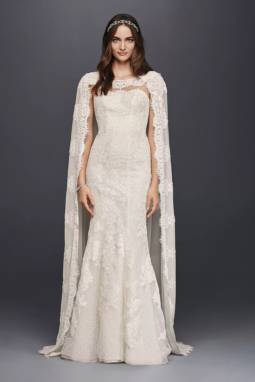 Oleg Cassini Scalloped Chiffon Cape Wedding Dress - Image 2