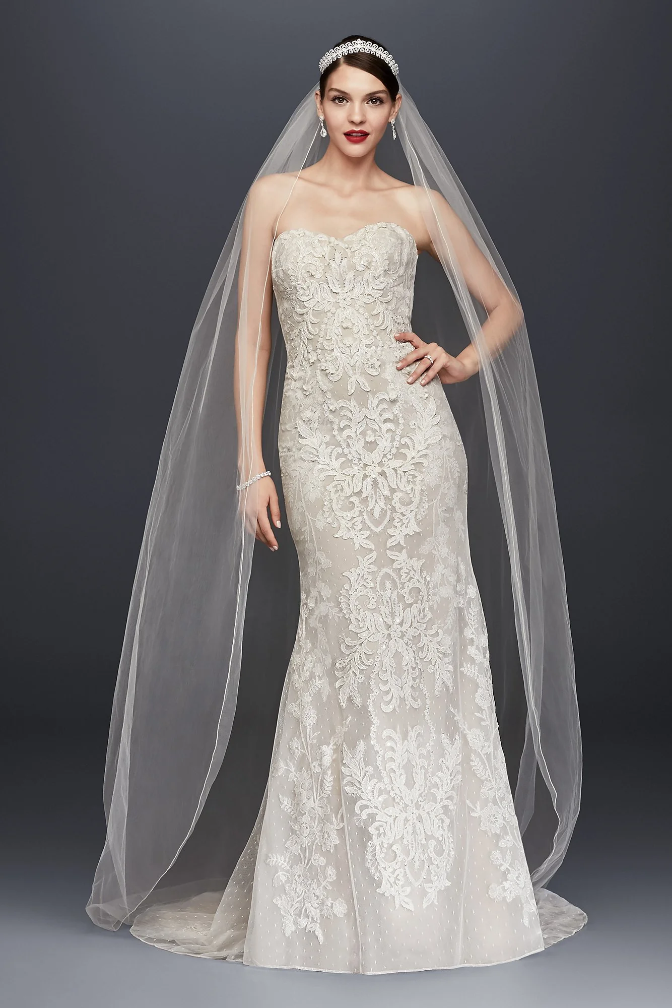 Oleg Cassini Strapless Lace Sheath Wedding Dress - Image 3