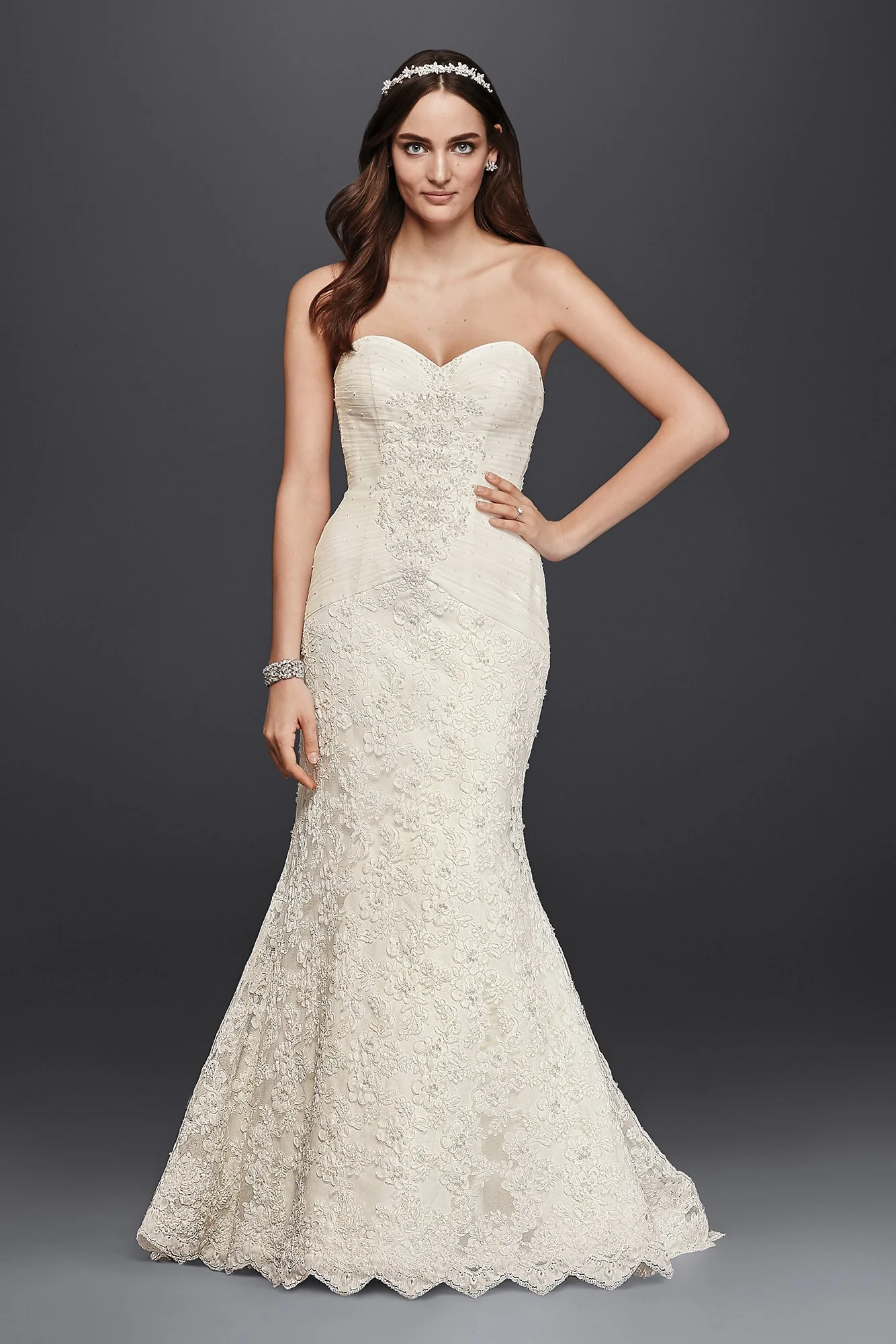 Oleg Cassini Strapless Lace Trumpet Wedding Dress - Image 3