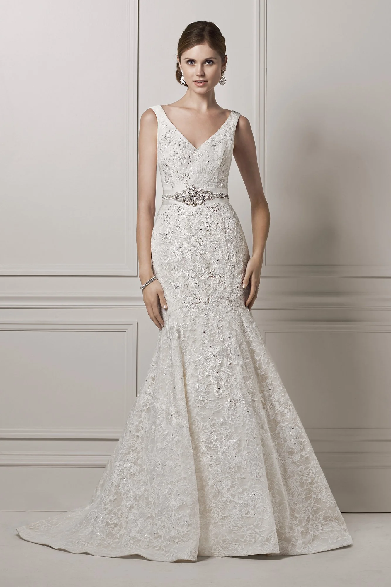 Oleg Cassini Tank Lace and Deep V Wedding Dress