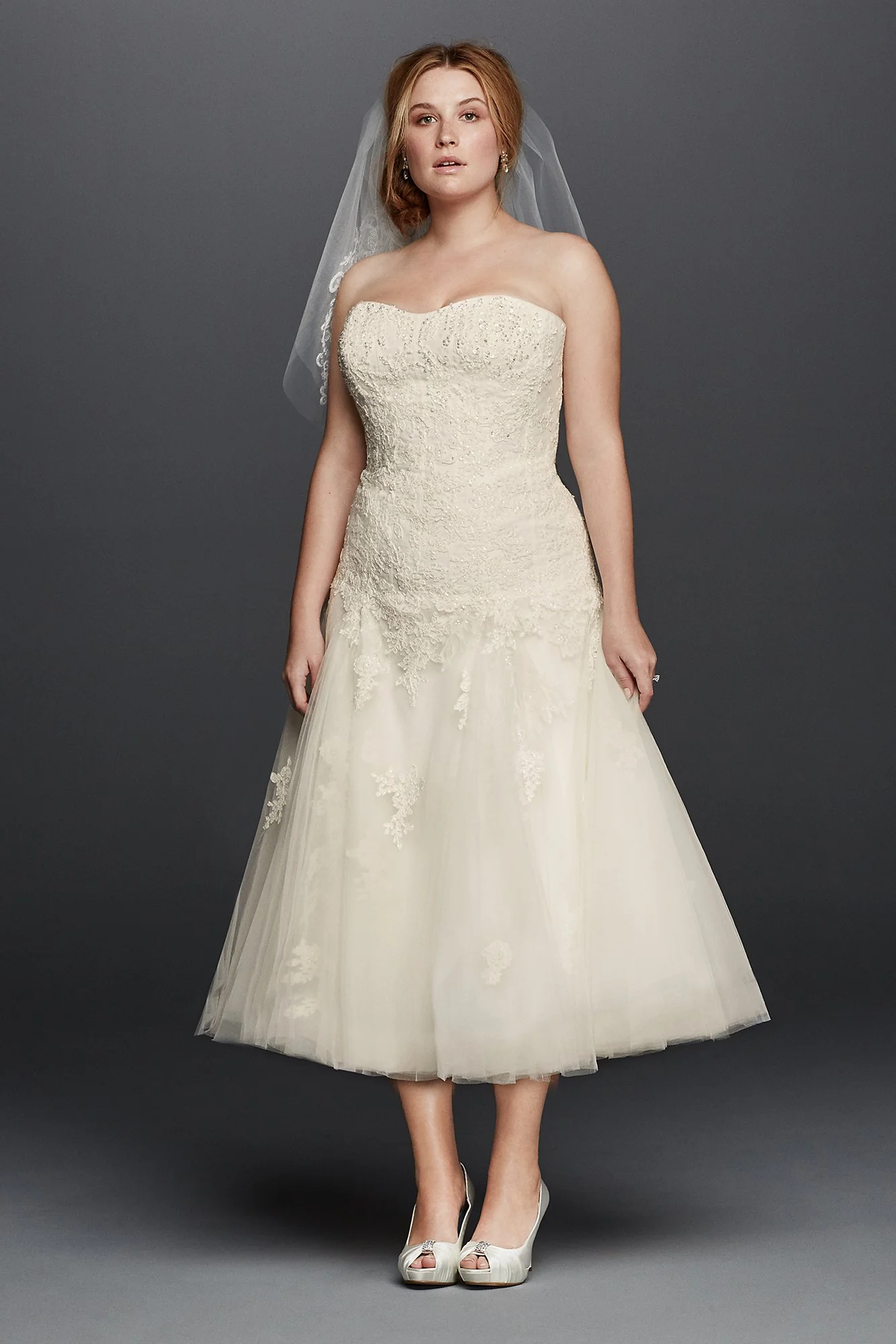 Oleg Cassini Tea Length Wedding Dress with Lace - Image 4