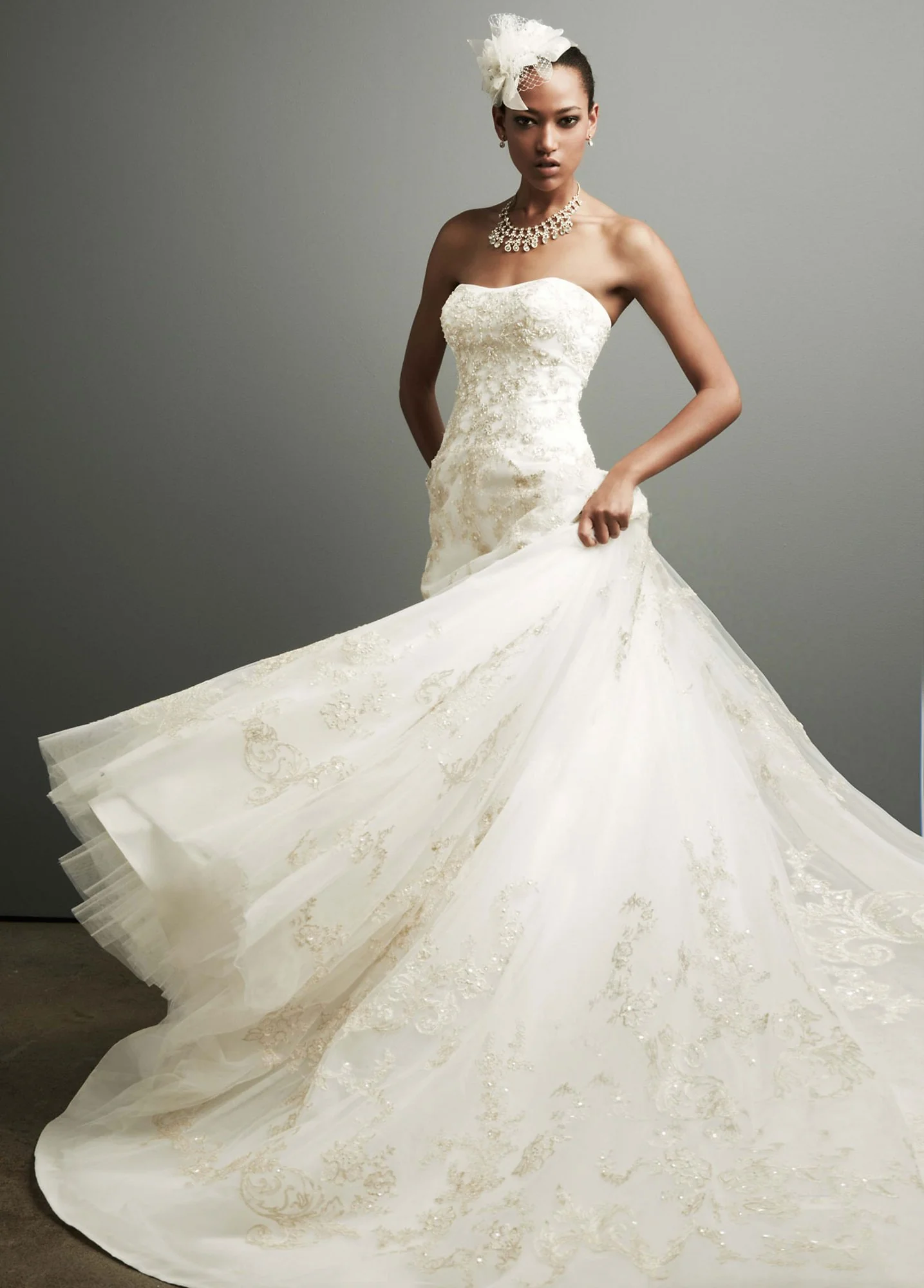 Oleg Cassini Tulle Allover Gold Lace Wedding Dress