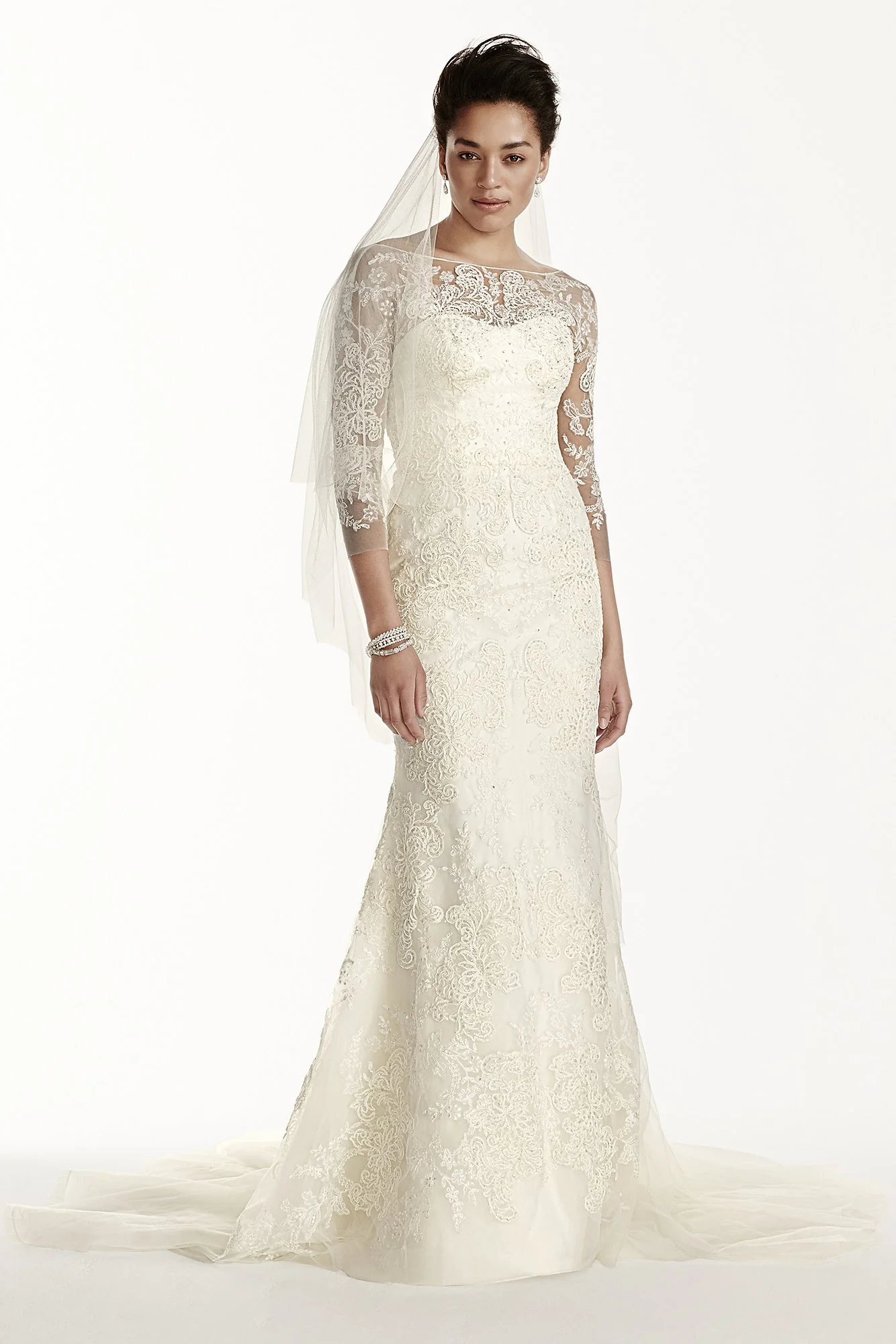 Oleg Cassini Tulle Wedding Dress with 3/4 Sleeves