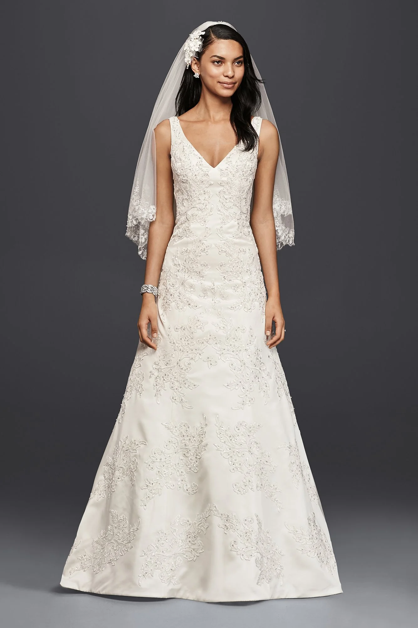 Oleg Cassini V-Neck Lace A-Line Wedding Dress - Image 2